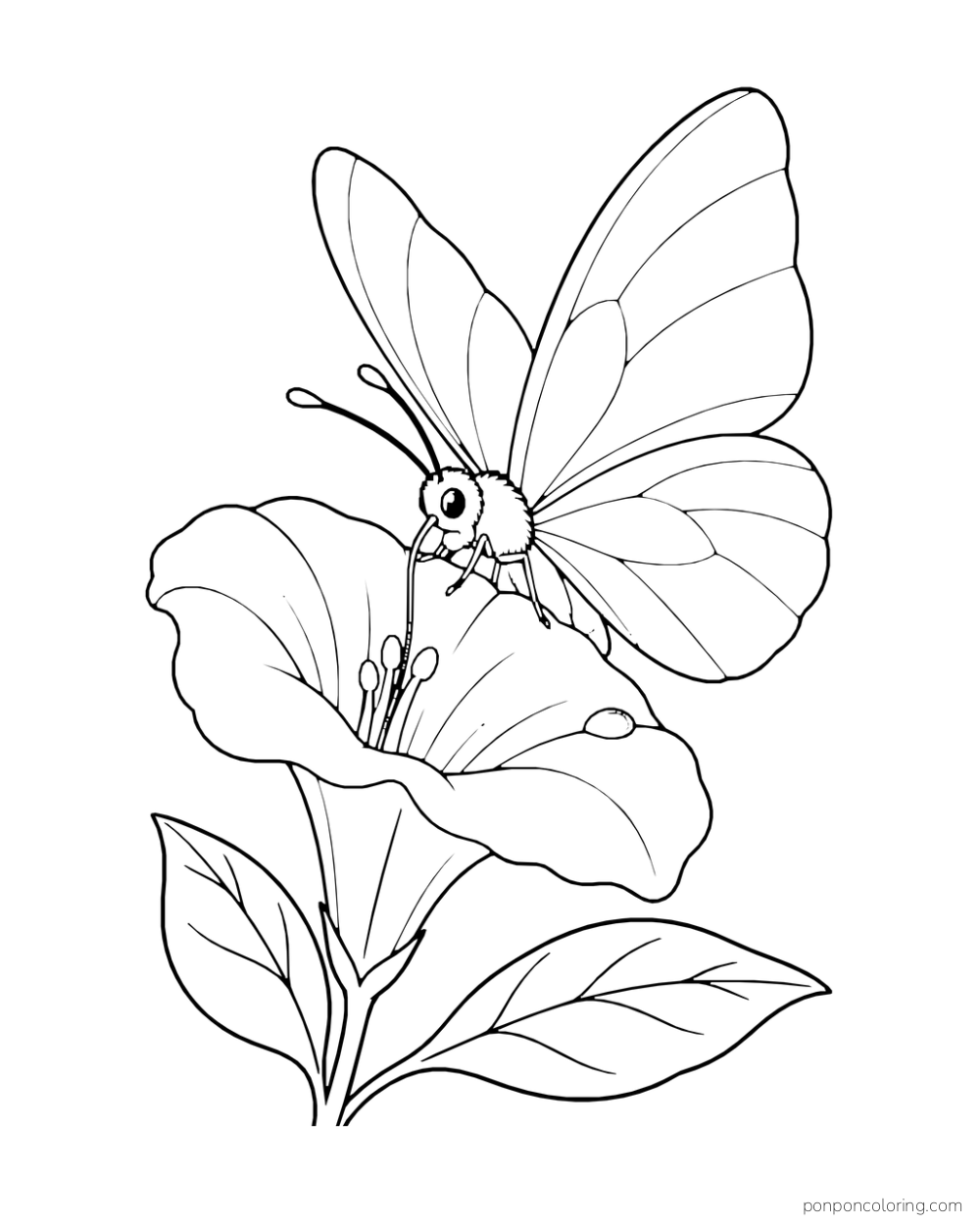 A natural butterfly rests at the open rim of a trumpet-shaped flower above two leaves.