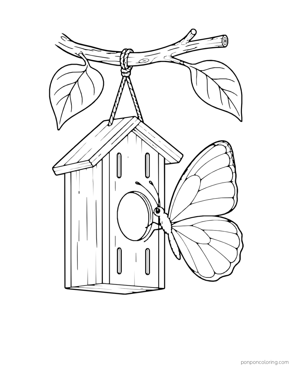 A butterfly hovers beside a small wooden garden shelter hanging from a short branch.