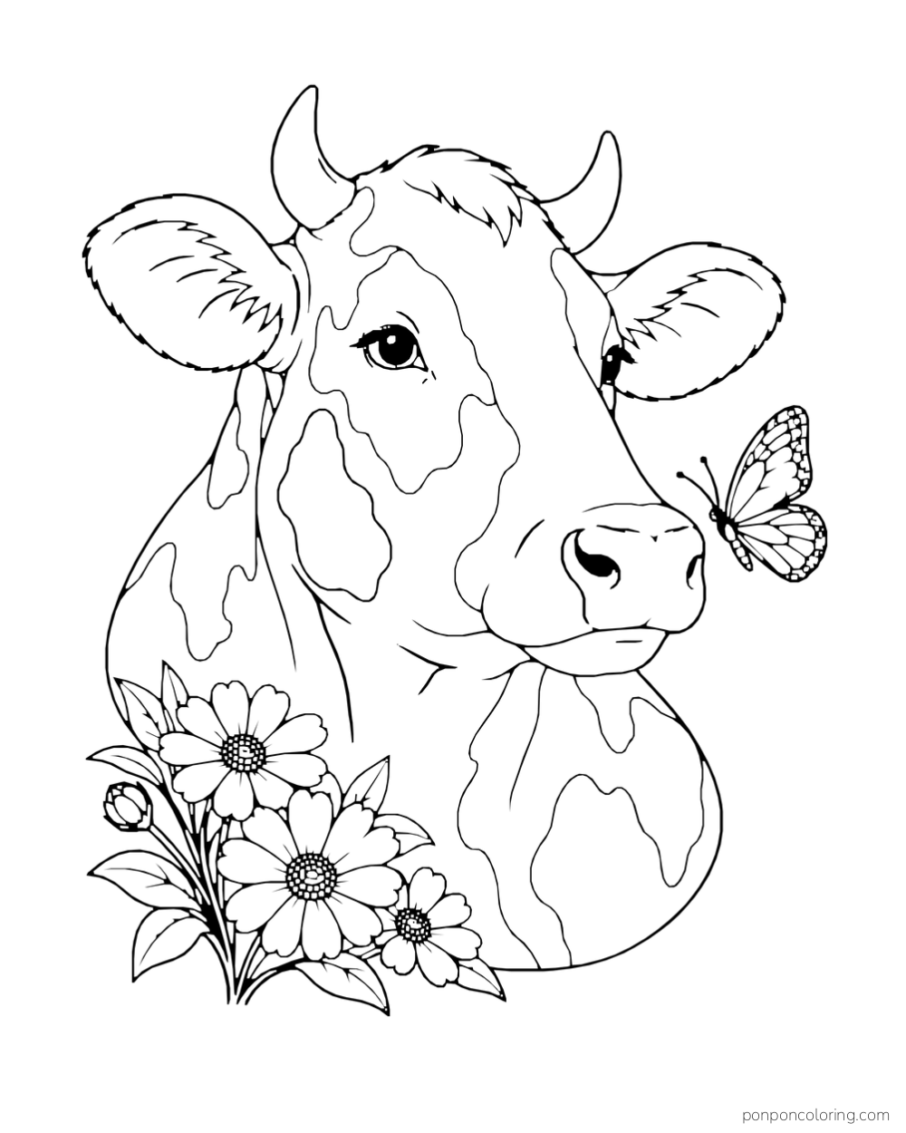 A close view of a cow with flowers below and a butterfly beside its muzzle.