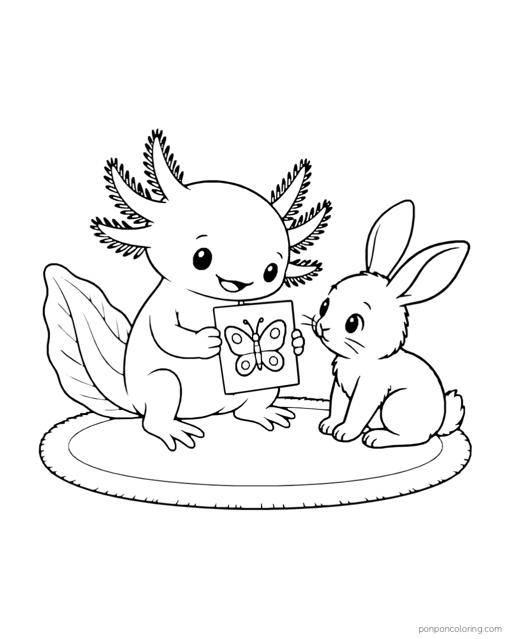 Axolotl showing a card with a butterfly drawing to a rabbit on a rug.