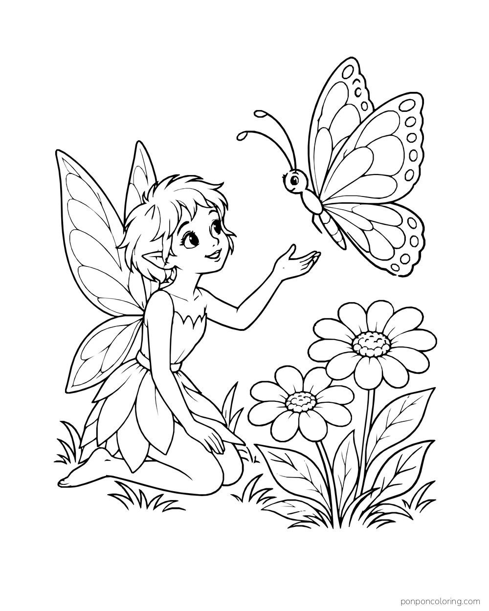 Fairy watching a large butterfly above two flowers.