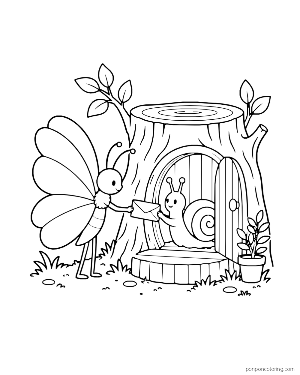 A butterfly hands a folded blank note to a snail at the round doorway of a hollow tree stump.