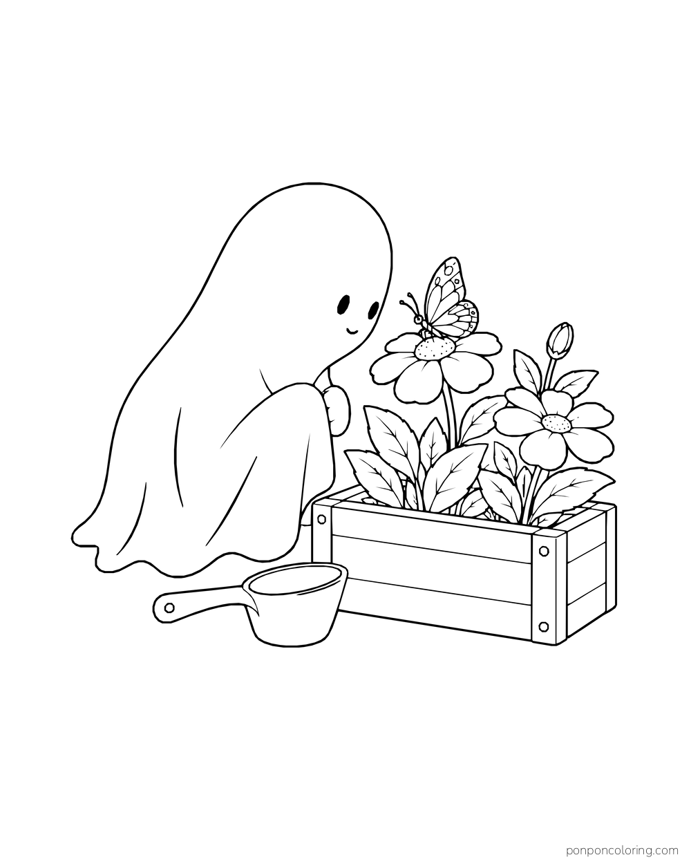 A ghost tends flowers in a raised planter while a butterfly hovers above.