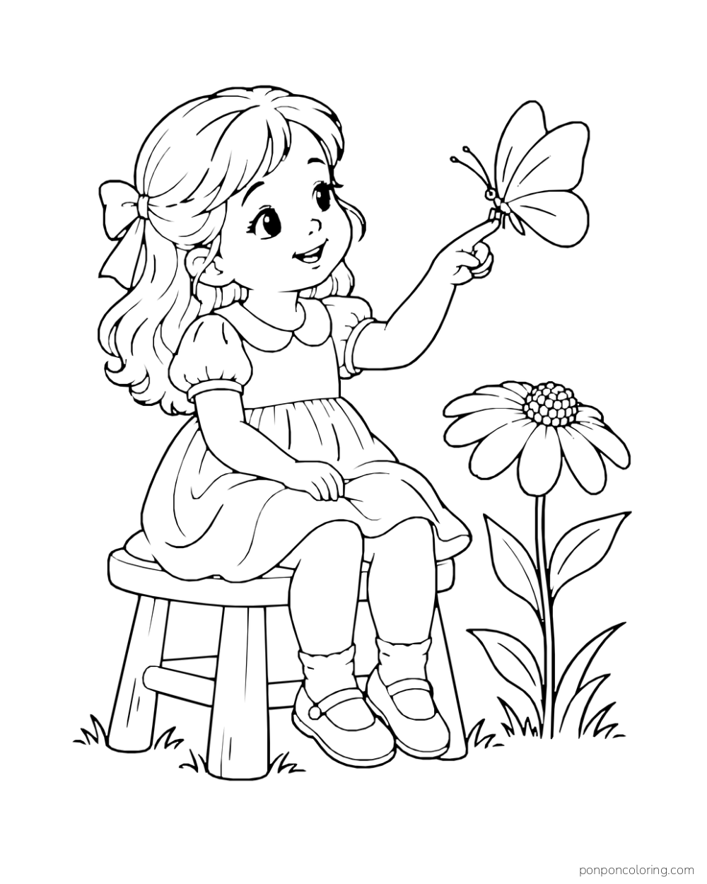 A butterfly rests on the finger of a child seated on a stool beside a flower.