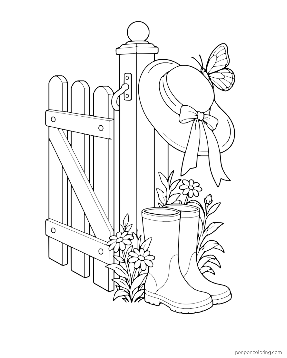 A butterfly rests on a broad sunhat hung from a garden gate beside boots and flowers.
