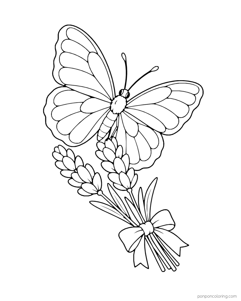 A butterfly rests on a tied bundle of lavender with three broad flower heads.