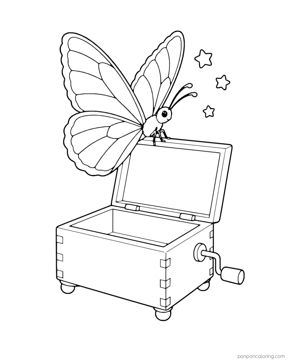 A butterfly rests on the open lid of a small crank music box beside three star shapes.
