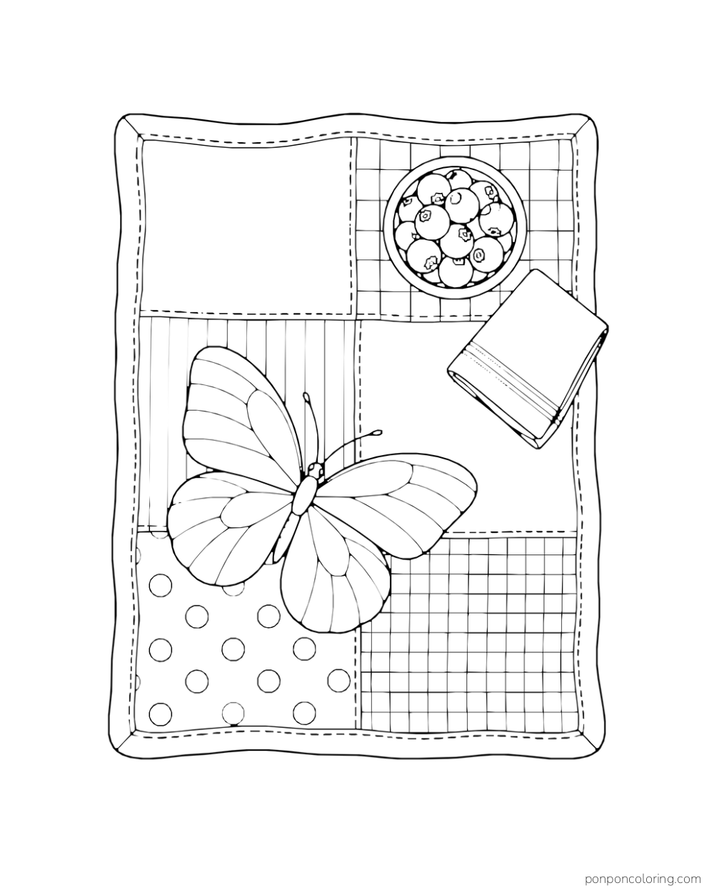 A butterfly rests on a patchwork picnic quilt beside a berry bowl and folded napkin.