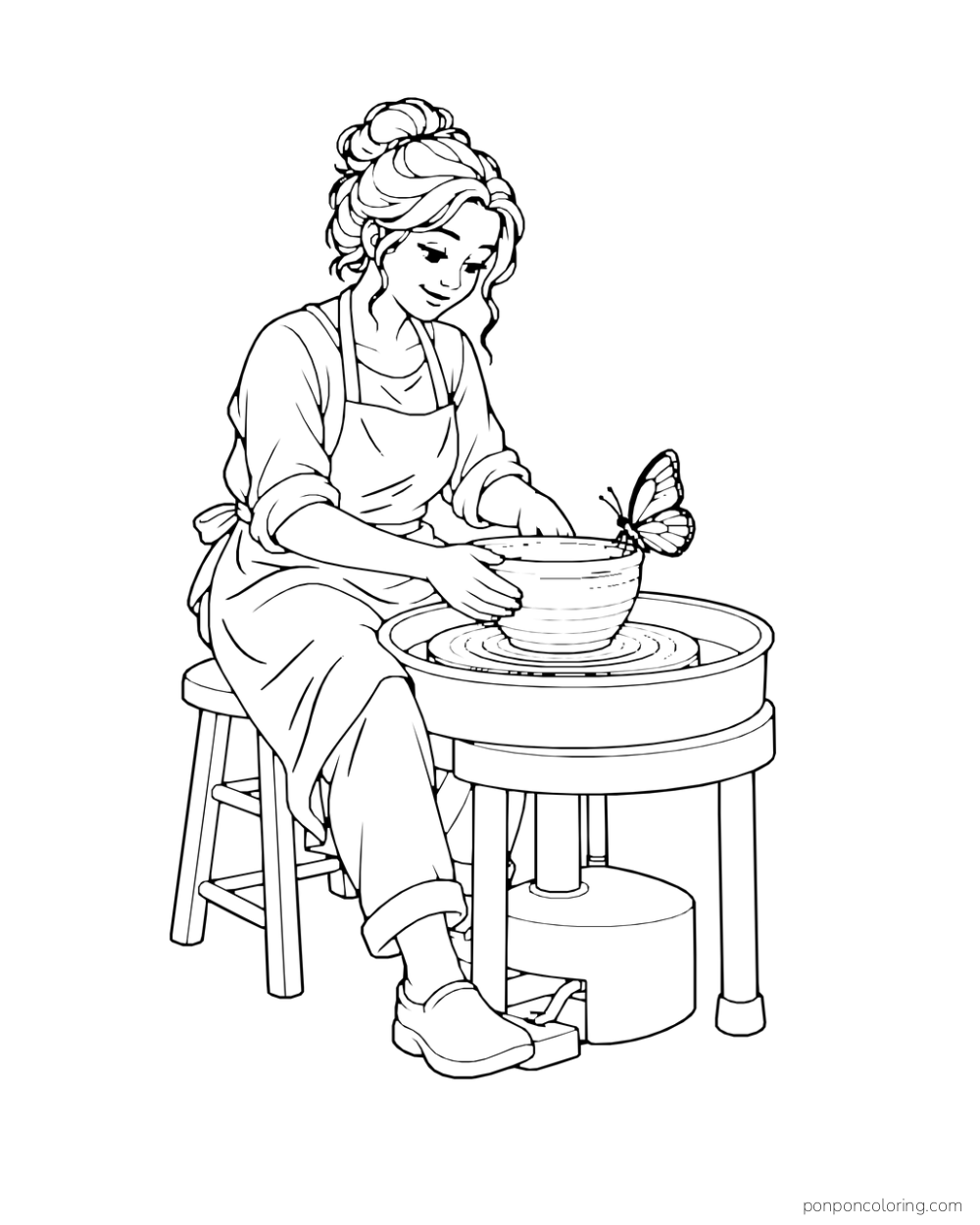 An adult potter shapes a bowl on a wheel while a butterfly rests on its rim.