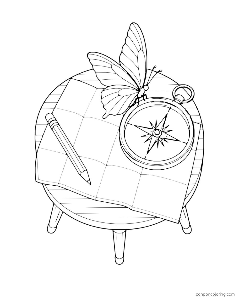 A butterfly rests on a compass over a folded grid map beside a pencil on a small table.