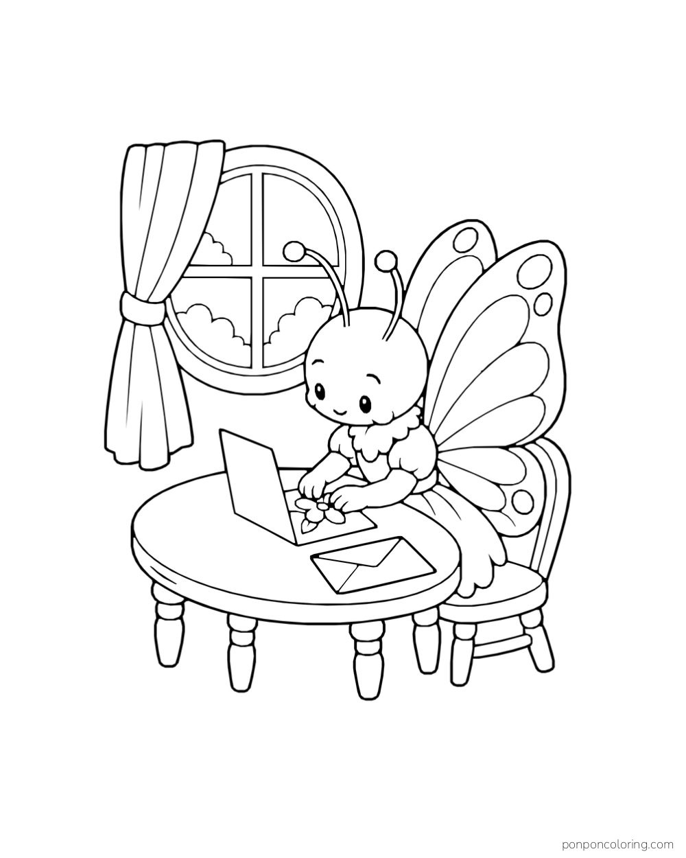 A butterfly at a round desk presses a flower into an open folded card beside a blank envelope and round window.