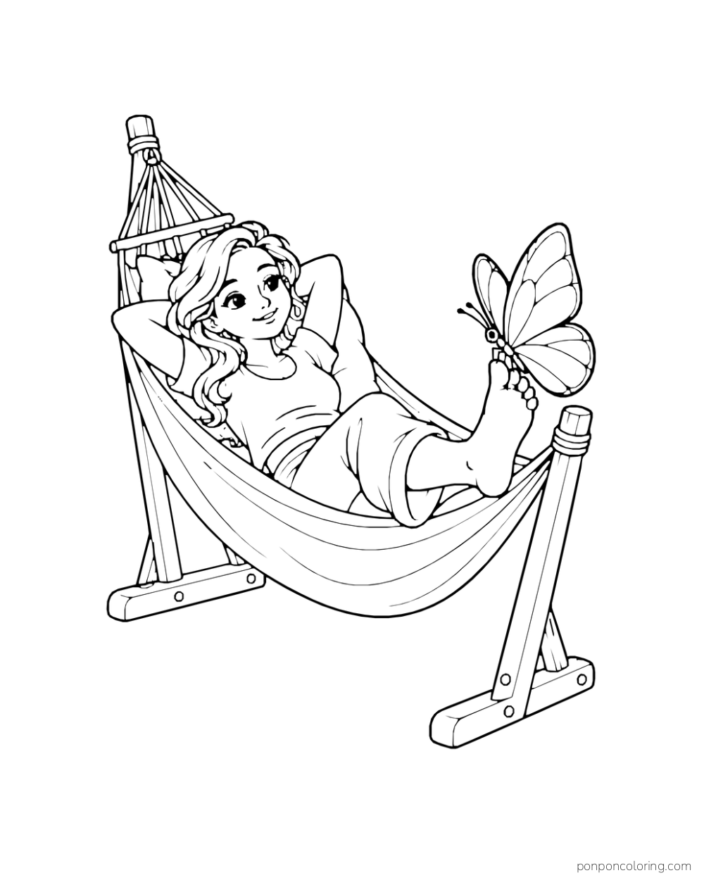A butterfly rests on the bare foot of an adult relaxing in a garden hammock.