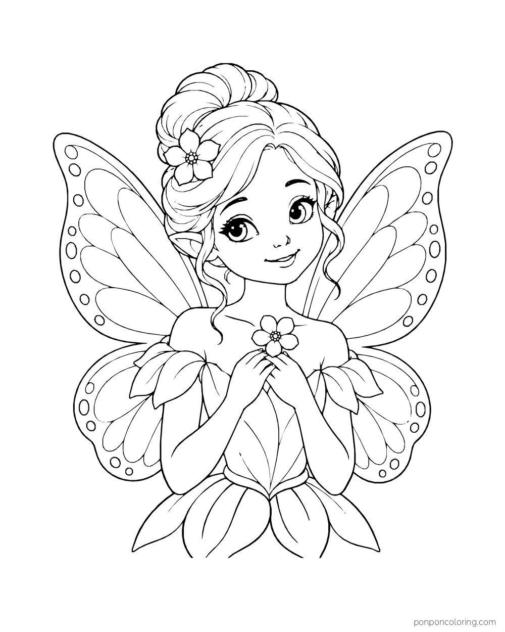Waist-up fairy holding a flower in front of large patterned butterfly wings.