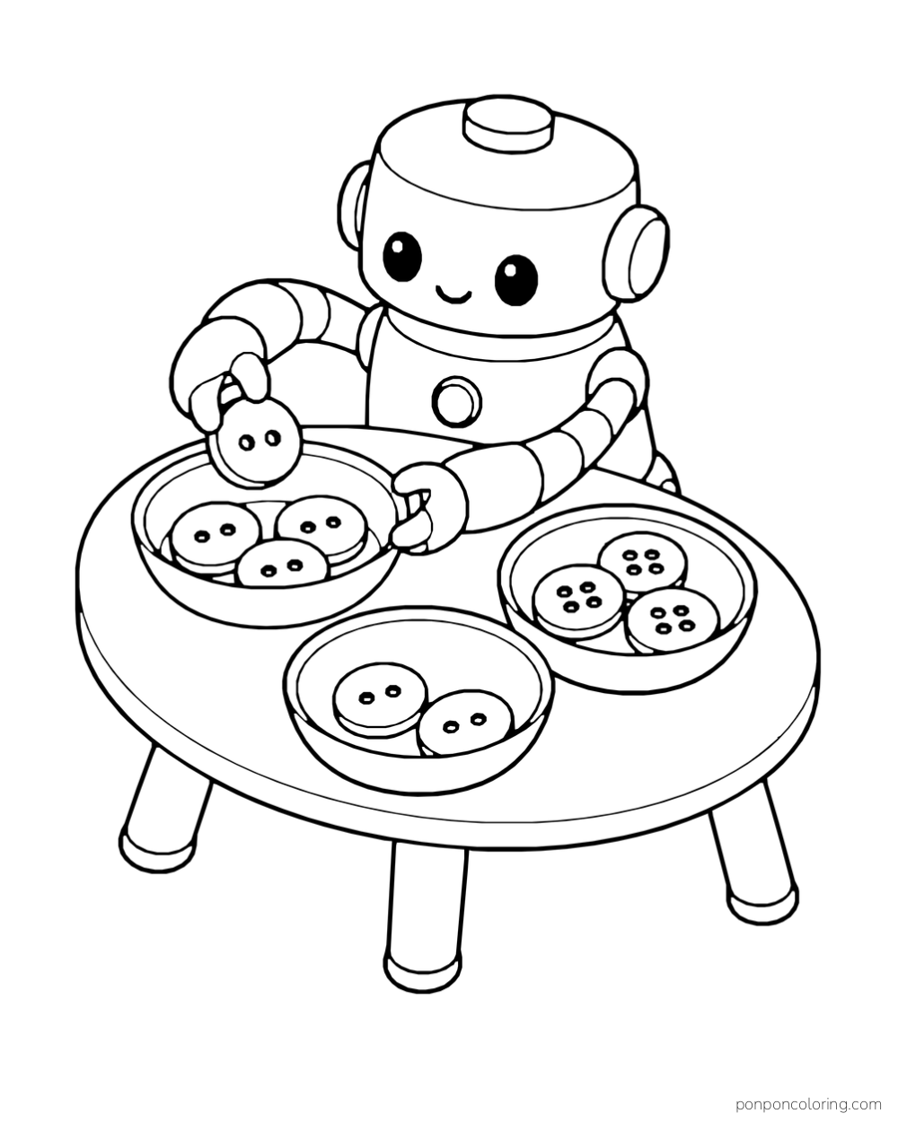 Robot sorts buttons among three bowls.