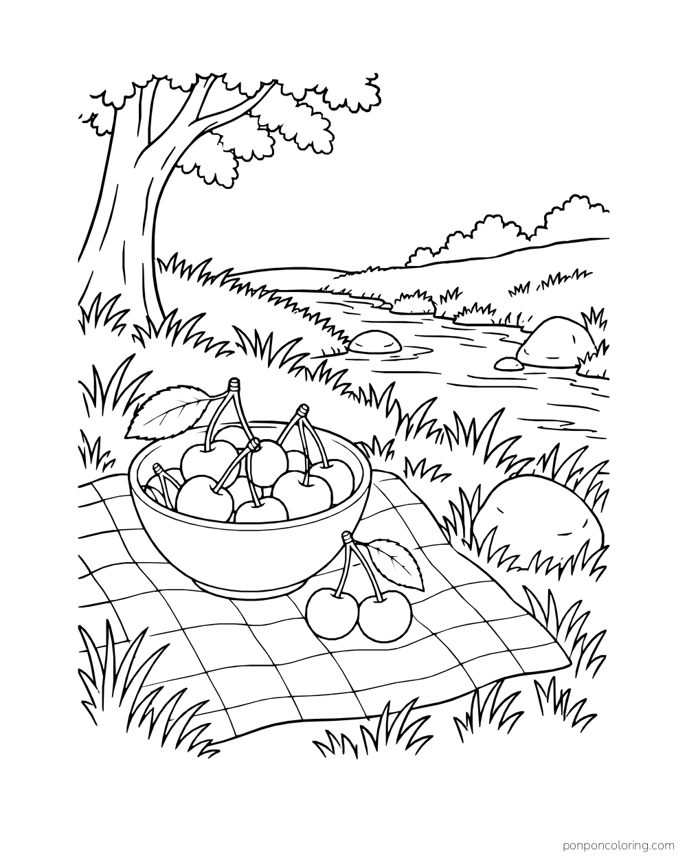 A cherry bowl and checked picnic cloth rest beside a winding creek and one tree.