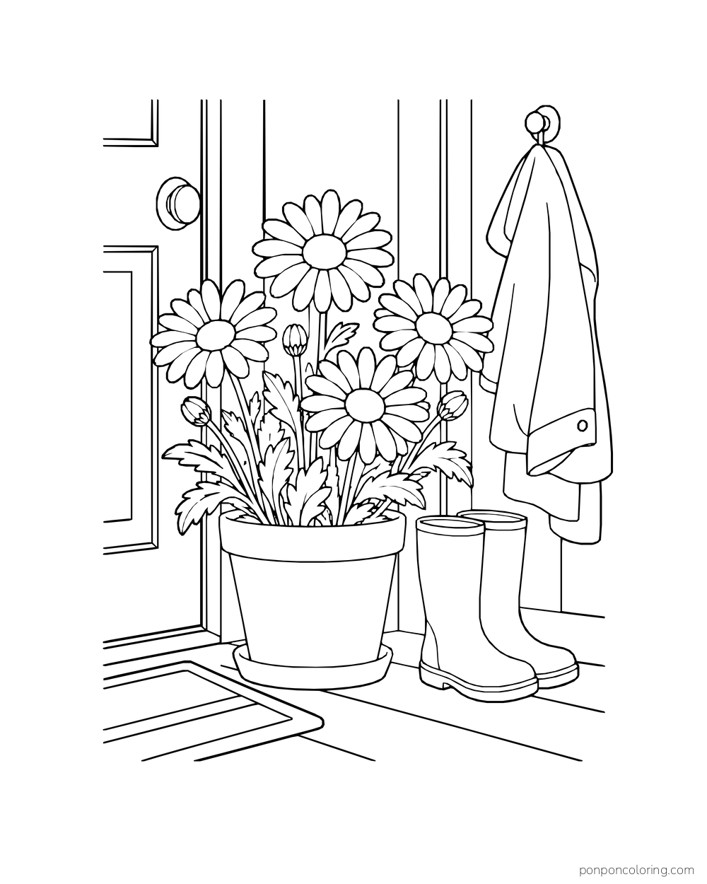 A pot of daisies stands by a front door with boots below and a coat on a hook.