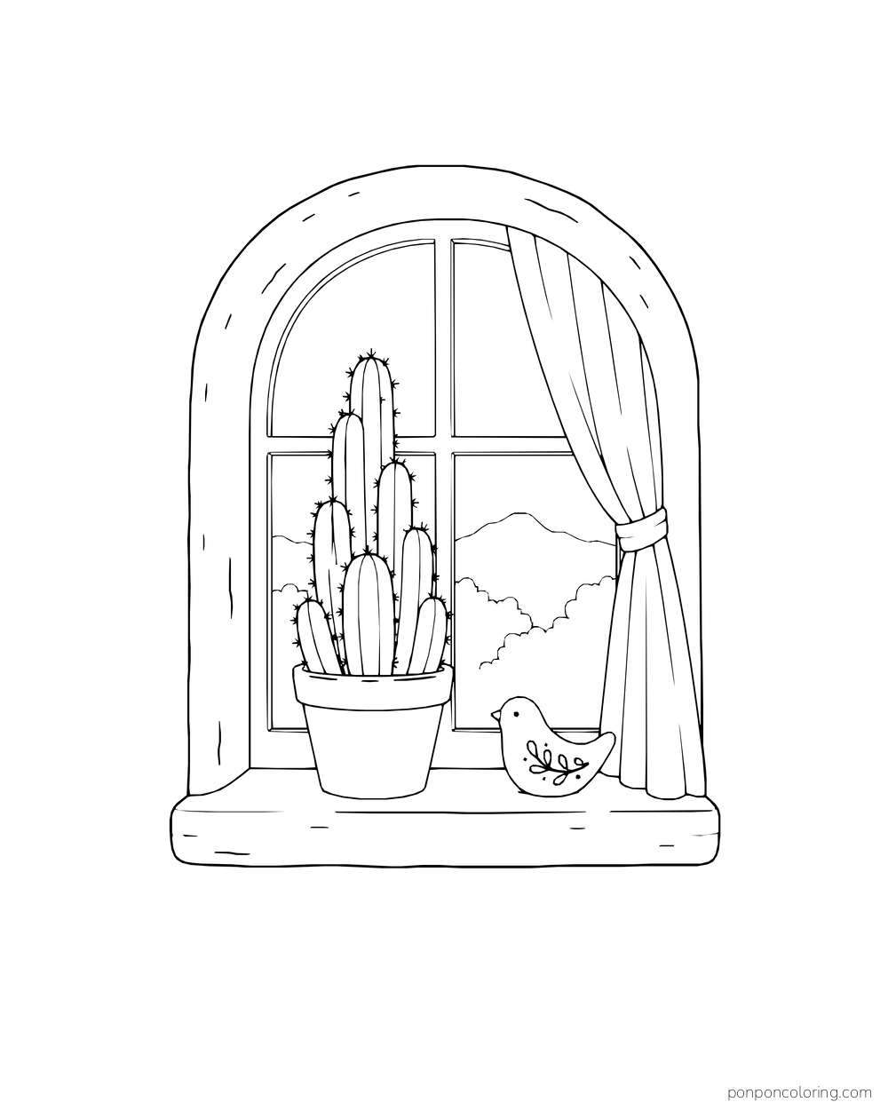 A potted cactus and a small bird figurine sit on a sill before an arched curtained window.