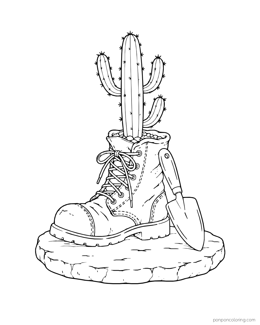 A branching cactus grows from an old lace-up boot beside a small trowel.