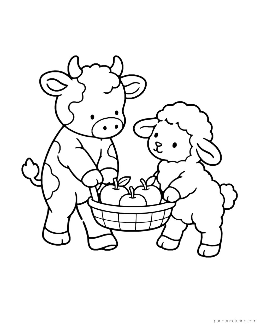 A calf and lamb hold a basket containing three apples.