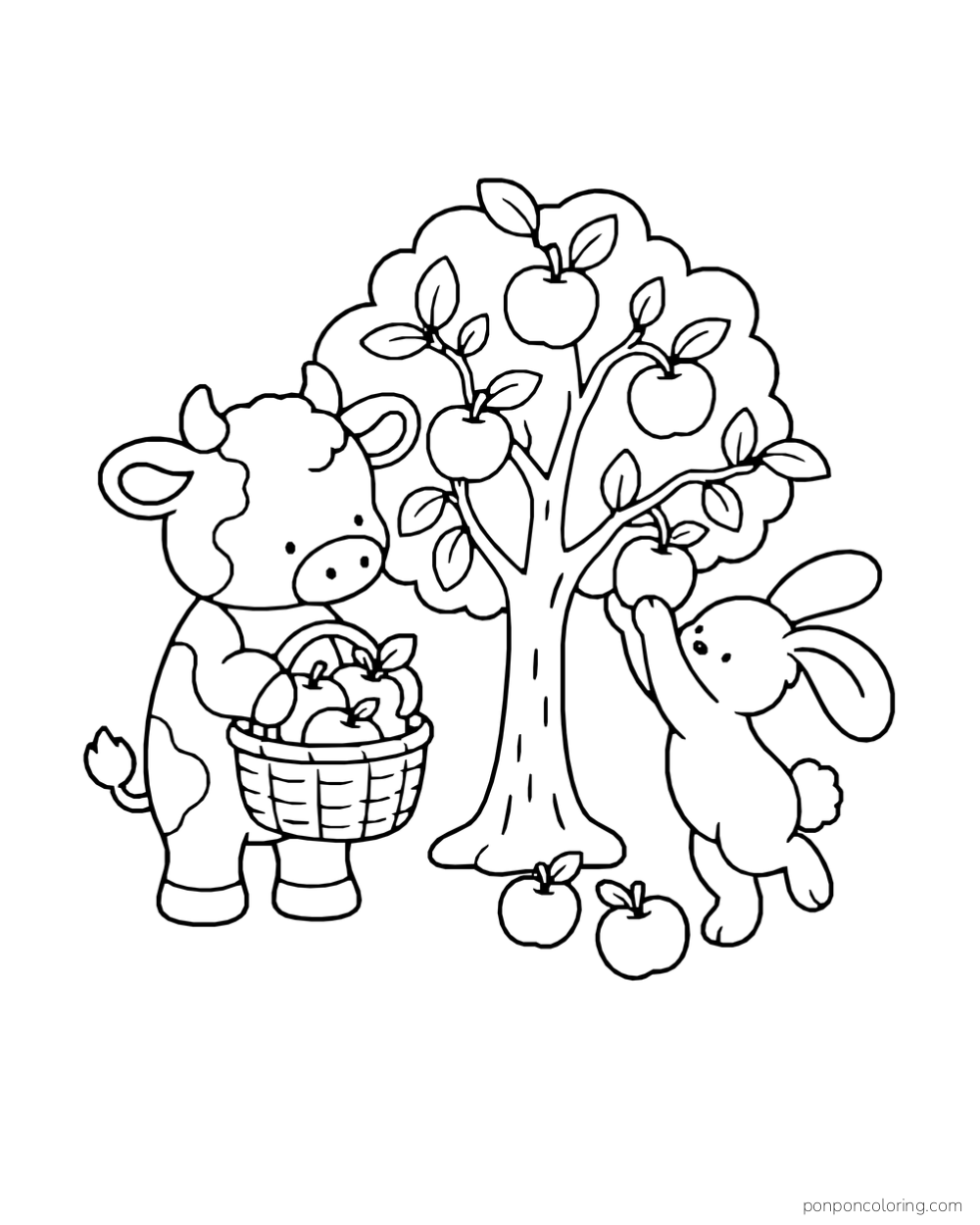 A calf holds a basket of apples while a rabbit reaches for an apple on a small tree.