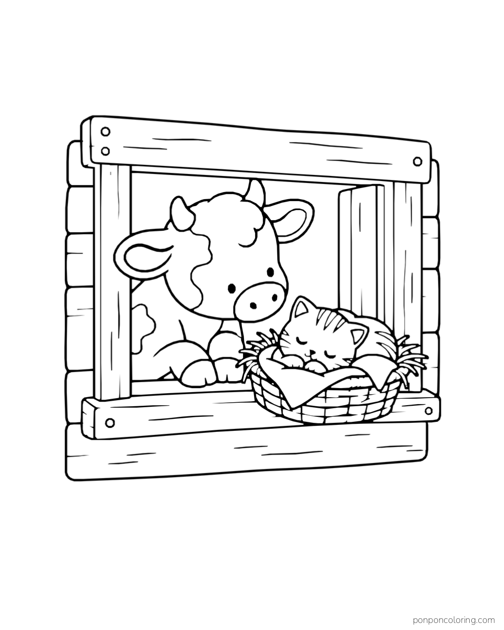 A calf leans through a barn window toward a kitten sleeping in a basket on the sill.