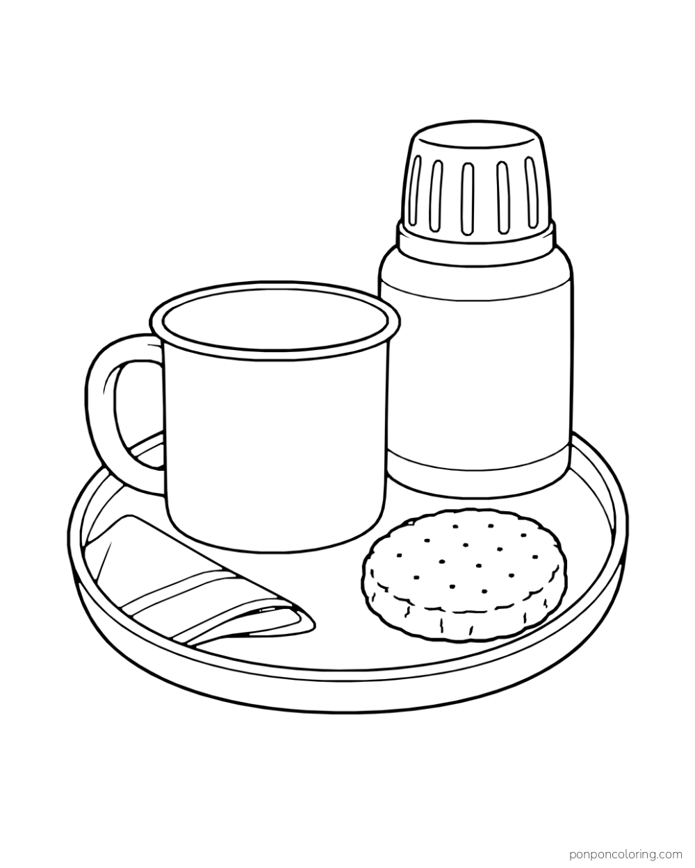 An enamel mug, thermos, biscuit, and folded napkin sit on a shallow tray.