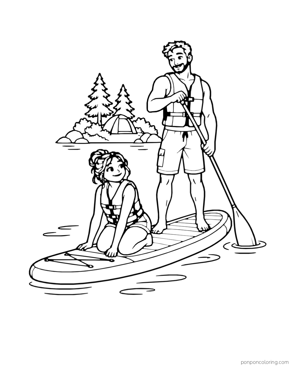 Two campers ride a paddleboard across still water with camp behind them.
