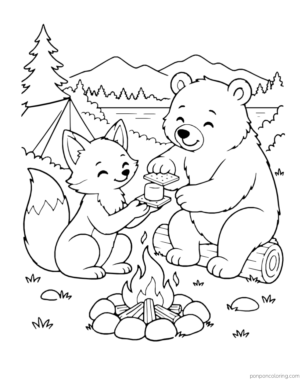A fox and bear assemble a square-cookie s'more beside a small campfire.