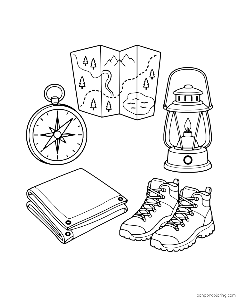 A map, compass, lantern, folded tarp, and boots lie together in an overhead view.