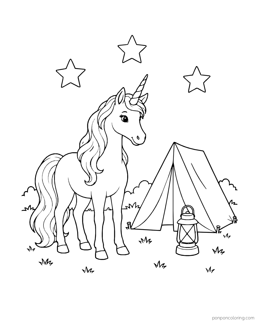 A unicorn stands beside a pitched tent and lantern under three stars.