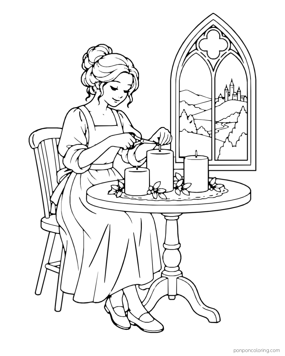 A candle maker working at a table with three candles and small containers beside a pointed window.