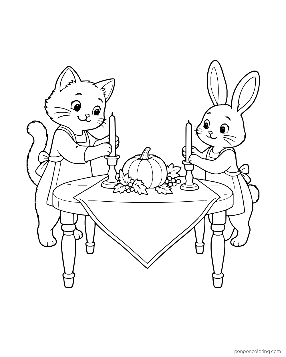 A cat and rabbit hold candles across a table with a pumpkin and fall leaves.
