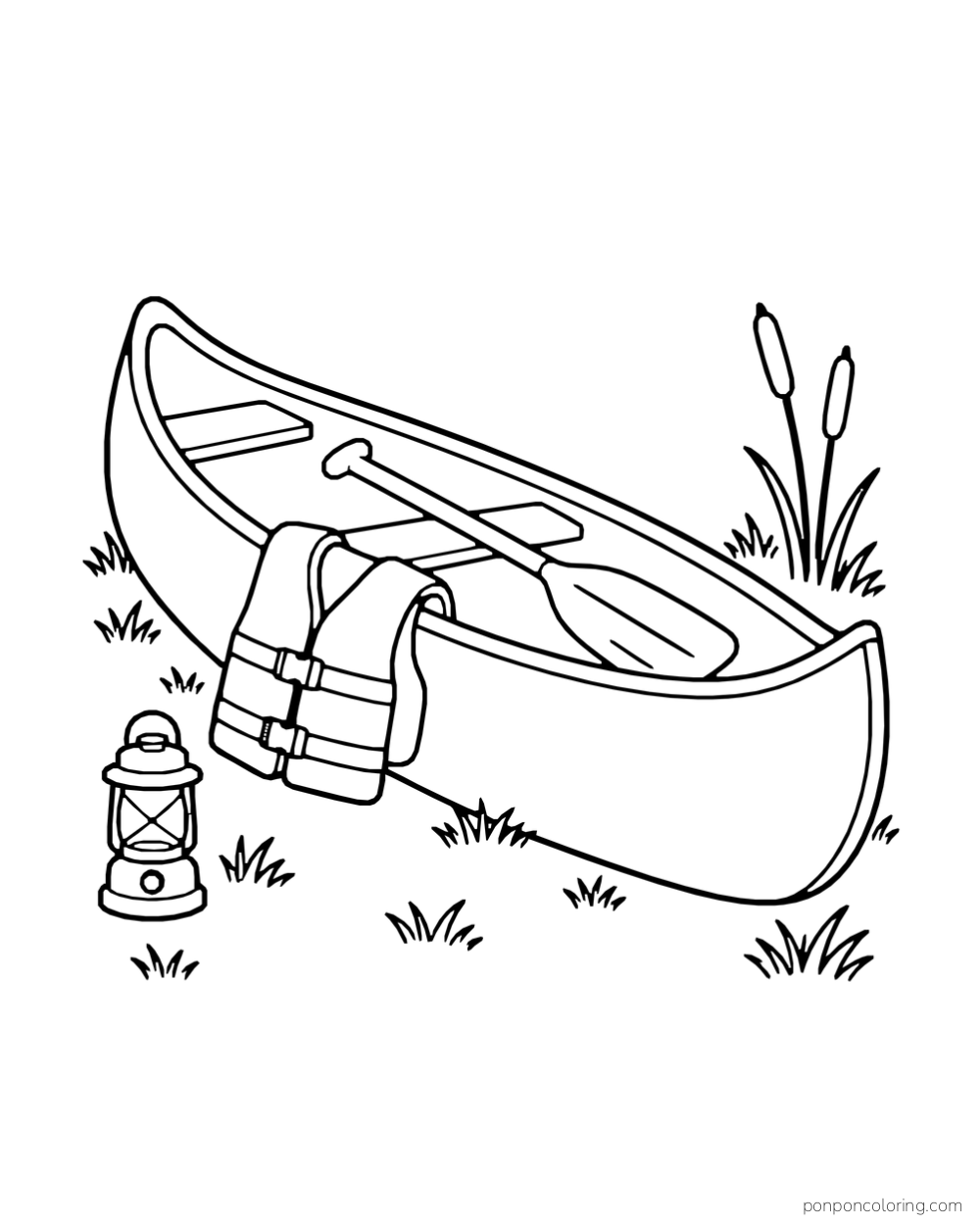 A canoe and paddle rest on shore beside a life jacket and lantern.