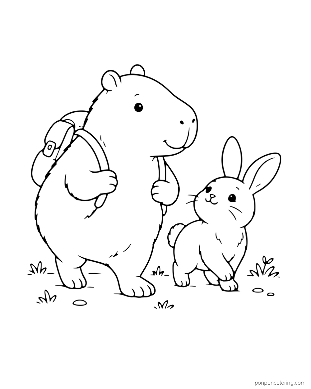 A capybara wearing a backpack and walking beside a rabbit.
