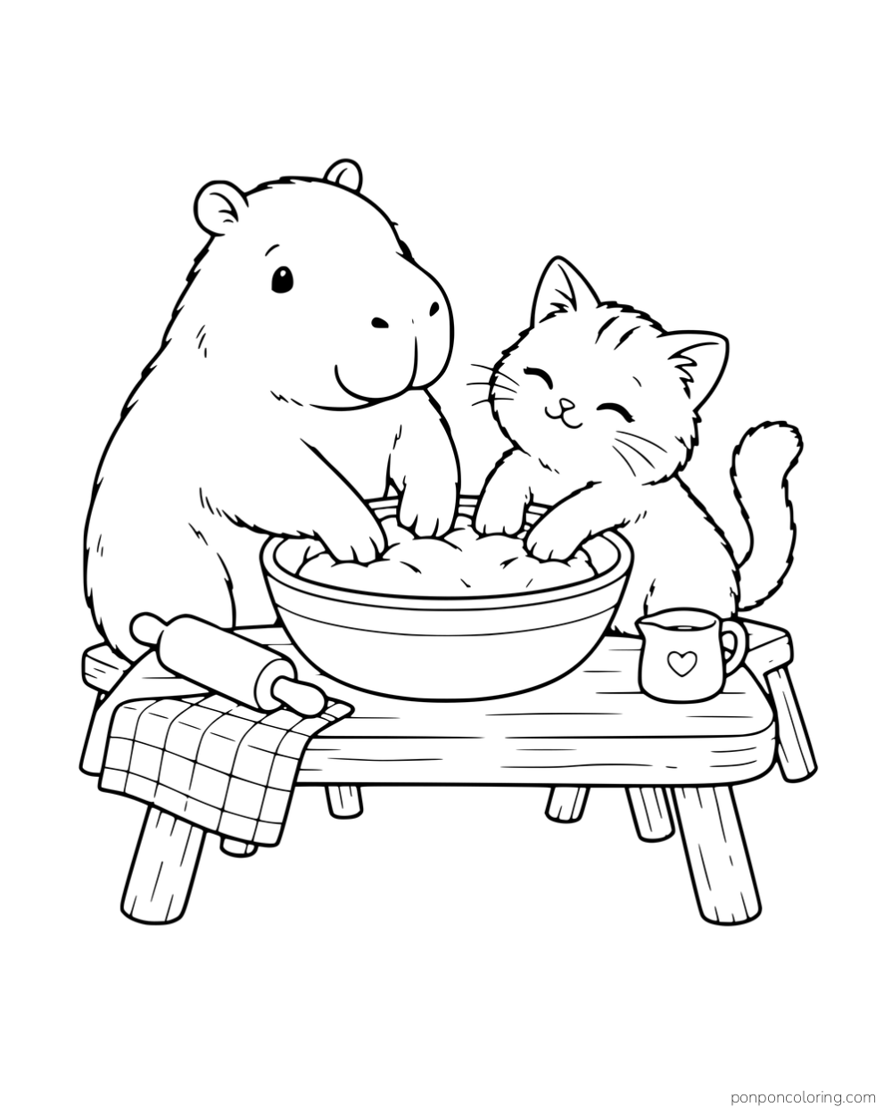 A capybara and a kitten working dough in a bowl at a small table.