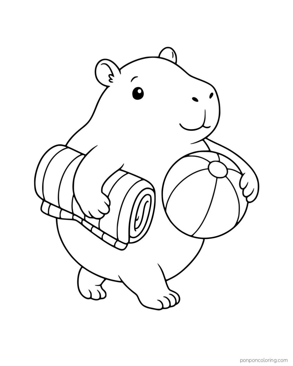 A capybara carrying a beach ball and a rolled striped towel.