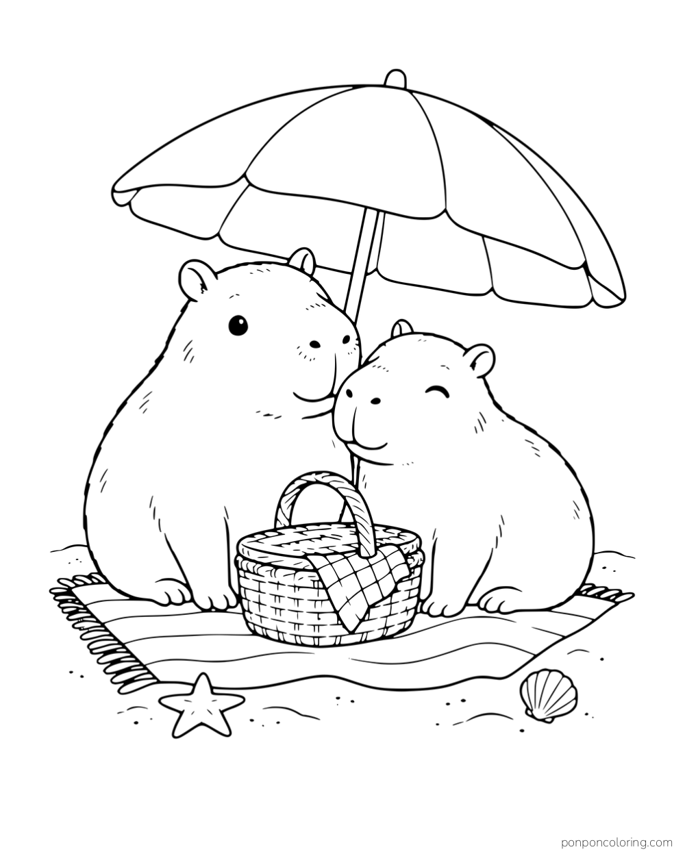 Two capybaras sitting beneath a beach umbrella with a picnic basket.