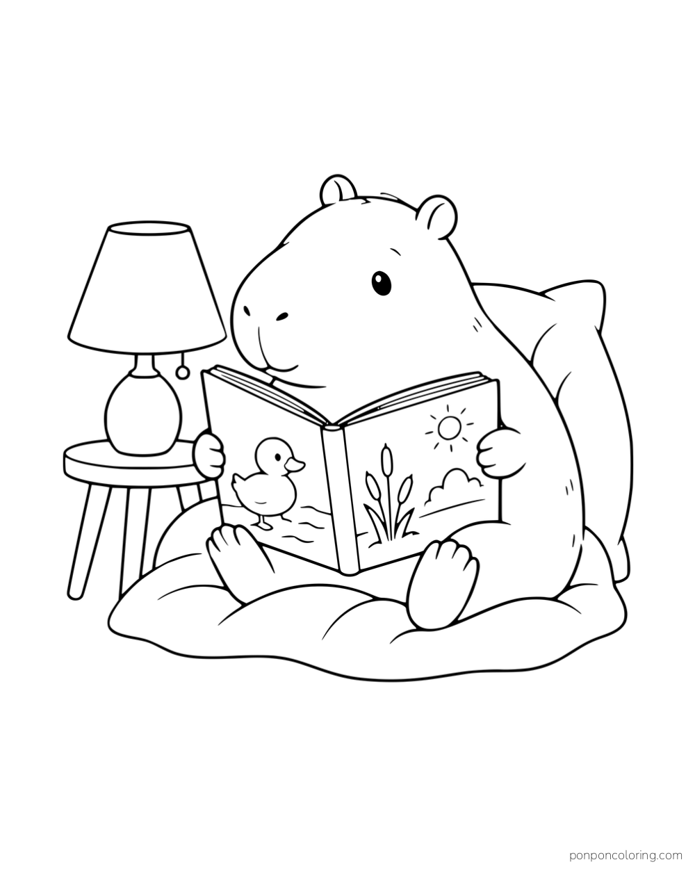 A seated capybara reading an open picture book beside a lamp.