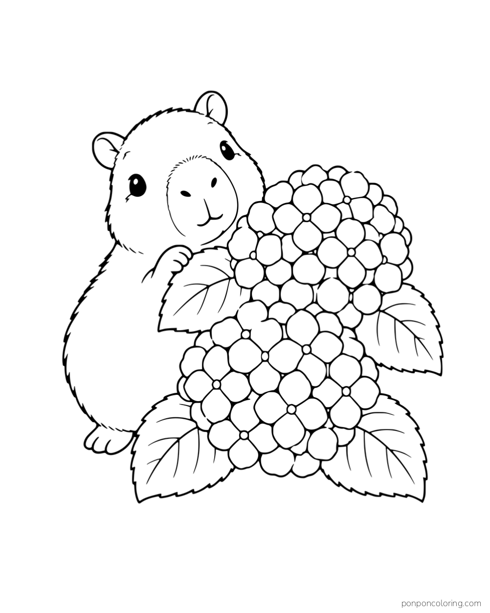 A capybara peeking around two large clusters of flowers and leaves.