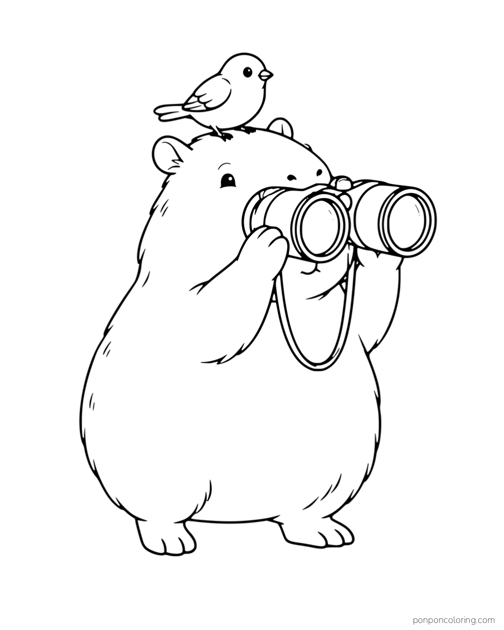 A capybara looking through binoculars with a bird perched on its head.