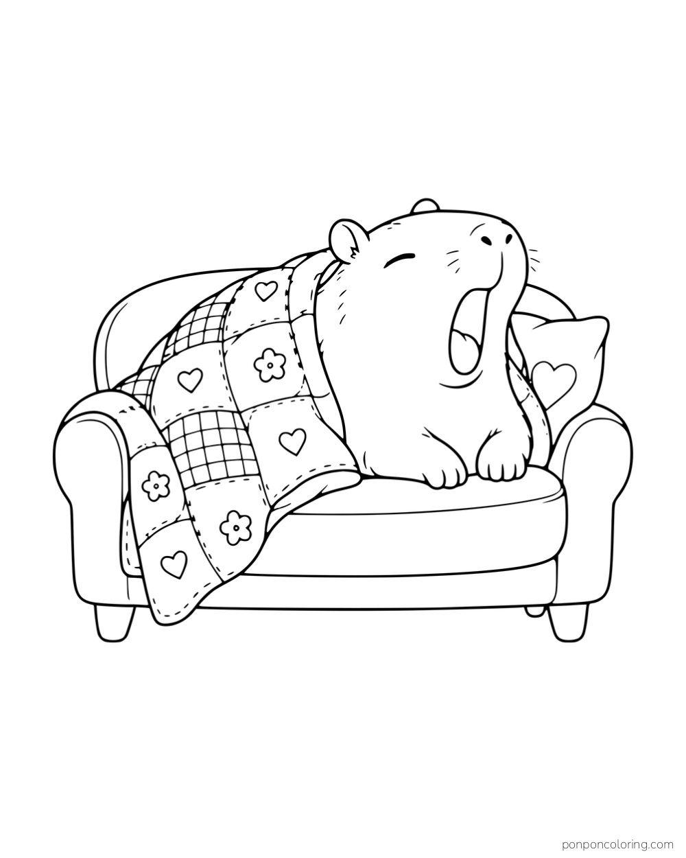 A capybara yawning on a sofa with a patterned blanket.
