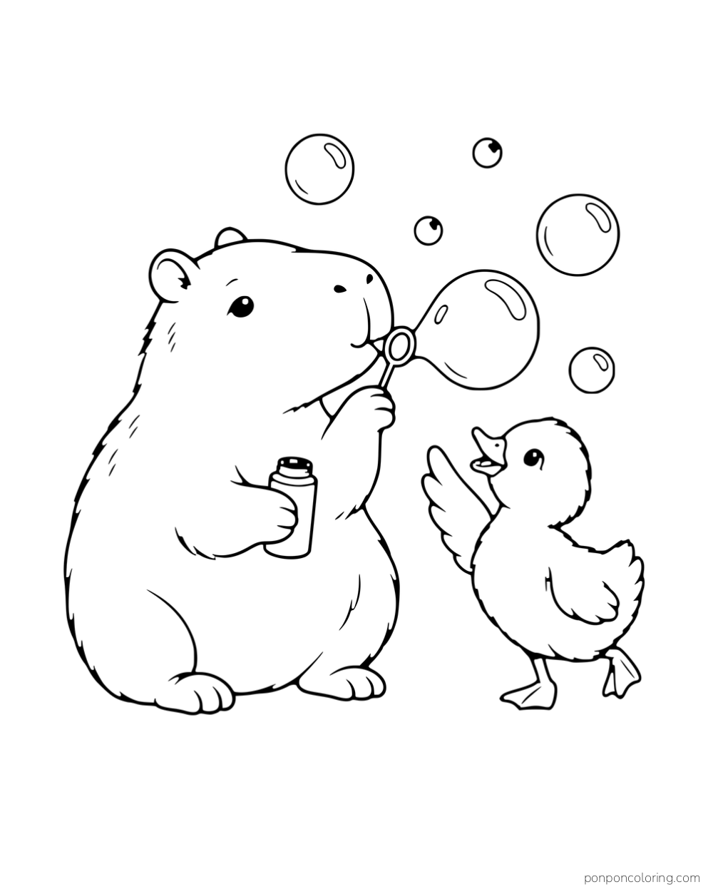 A capybara blowing soap bubbles beside a duckling.