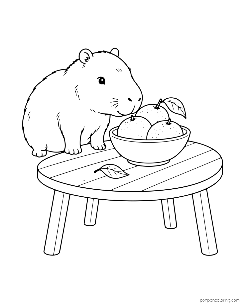 A capybara sniffing a bowl of mandarins on a round table.