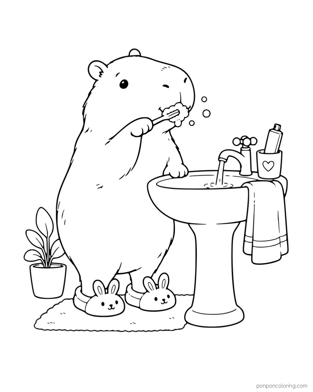 A capybara brushing its teeth at a freestanding sink while wearing bunny slippers.