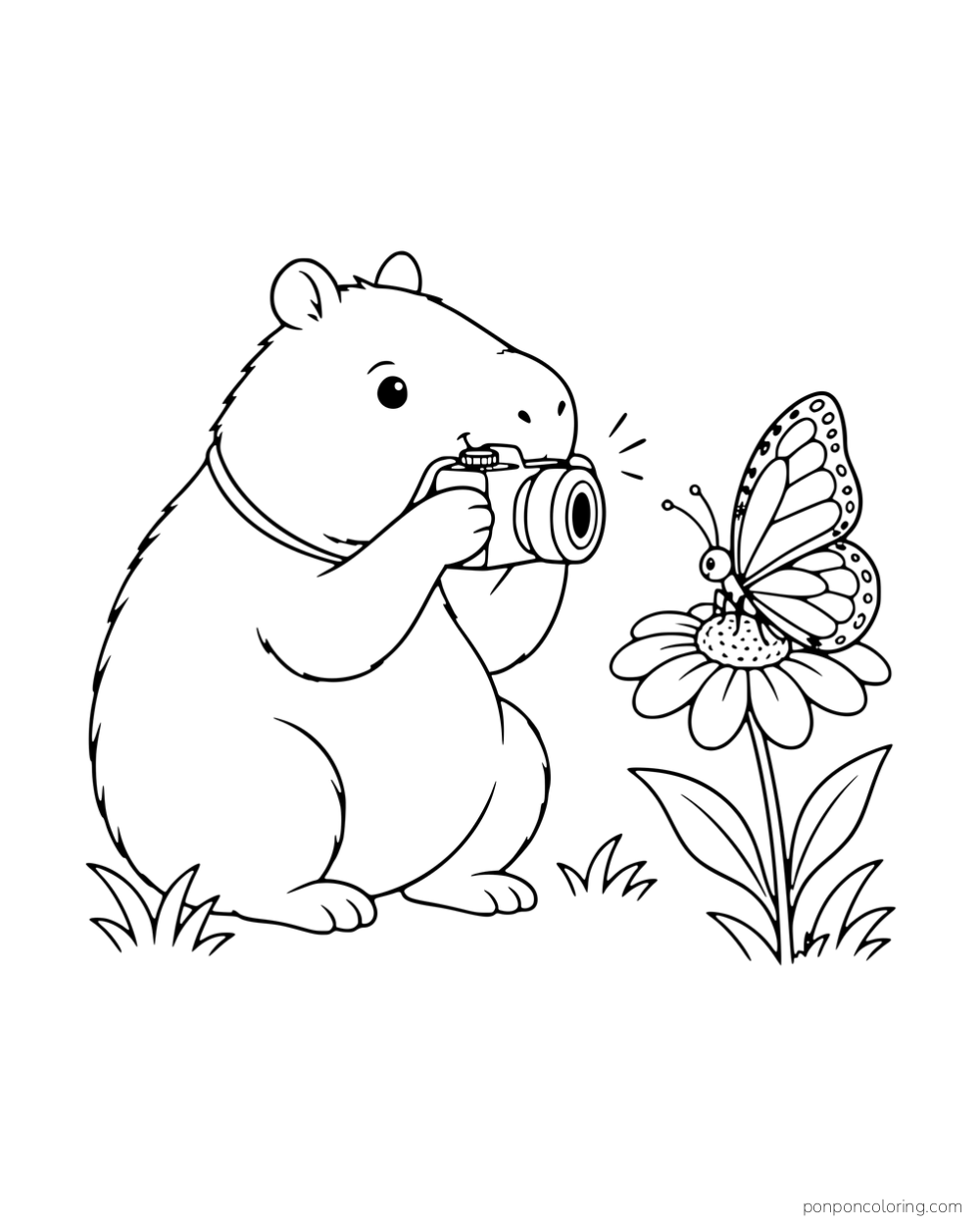 A capybara photographing a butterfly perched on a flower.