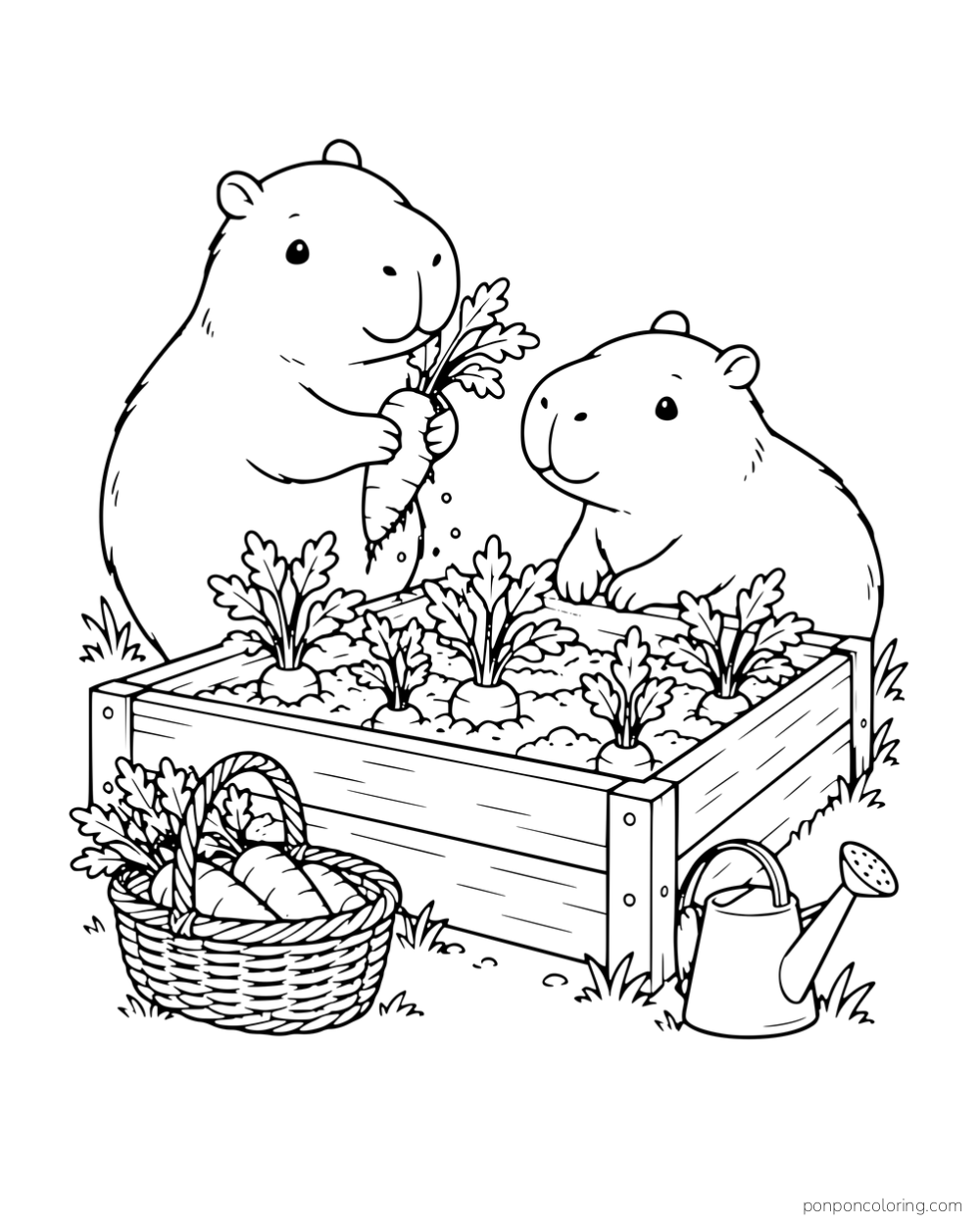 Two capybaras harvesting carrots from a raised garden bed.