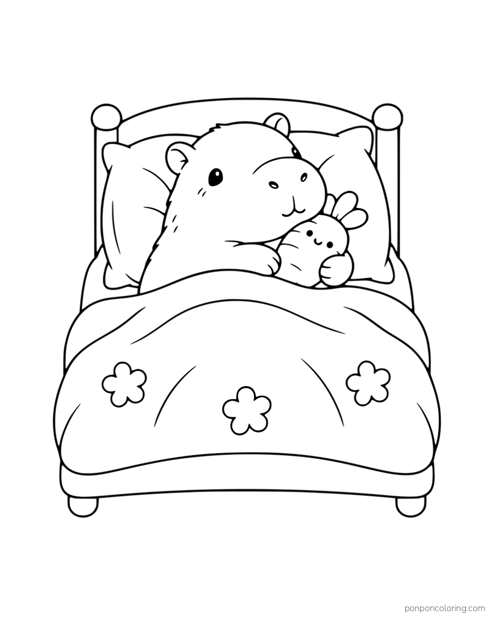 A capybara in bed hugging a carrot-shaped pillow beneath a flower-patterned blanket.