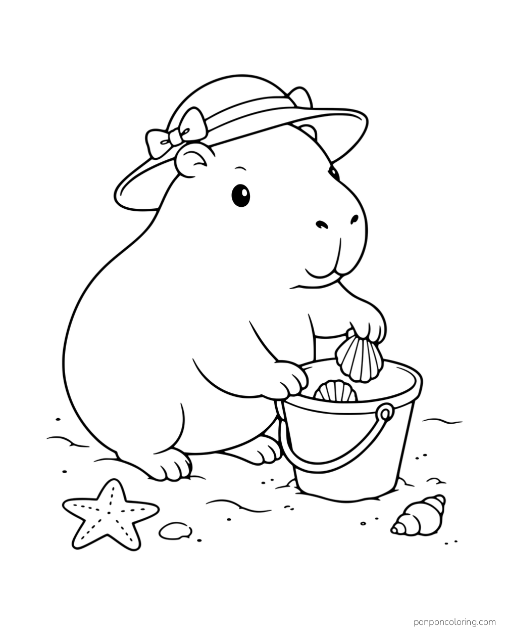 A capybara wearing a sunhat and collecting seashells in a bucket.