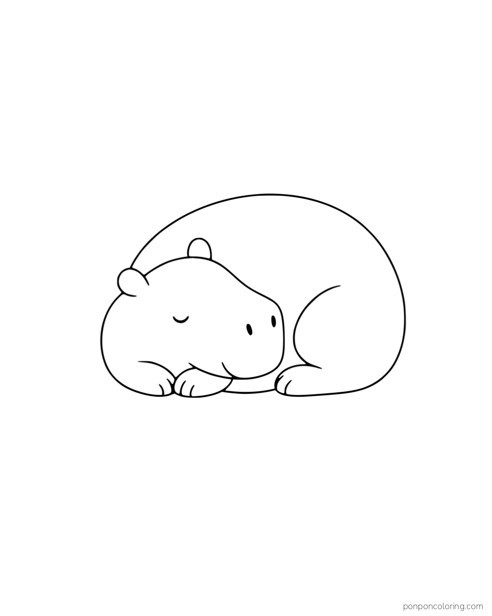 A capybara curled up asleep with its head on its paws.