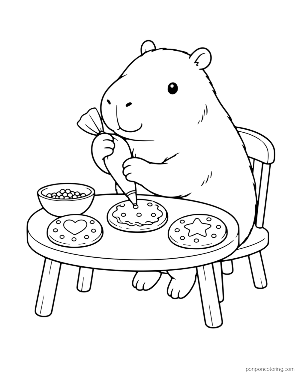 A capybara at a table decorating cookies with a piping bag.